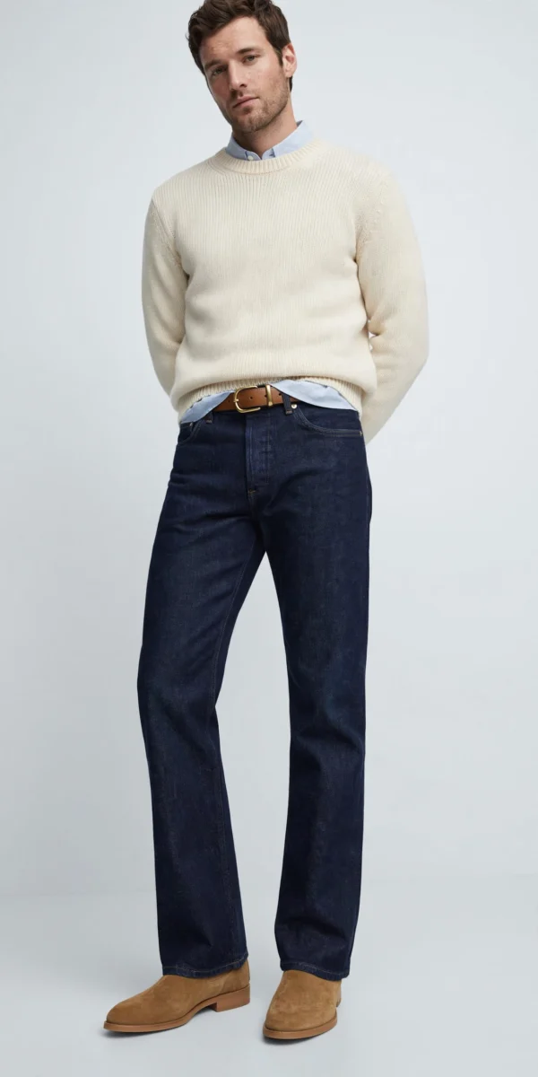 Model Wearing Men's Dark Indigo Bootcut Jeans with Camel Chelsea Boots - Old Money Style