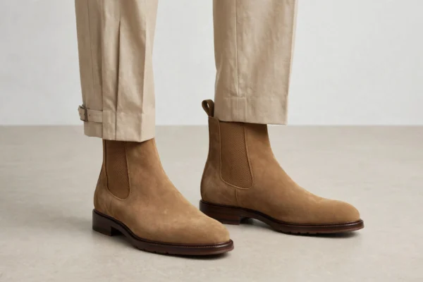 Men Styling Camel Suede Chelsea Boots with Beige Gurkha Trousers - Old Money Look