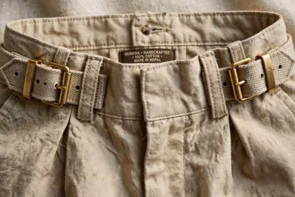 Gurkha Trousers Double Buckle Waistband Detail gurkha pleated trousers men beige double buckle waistband detail