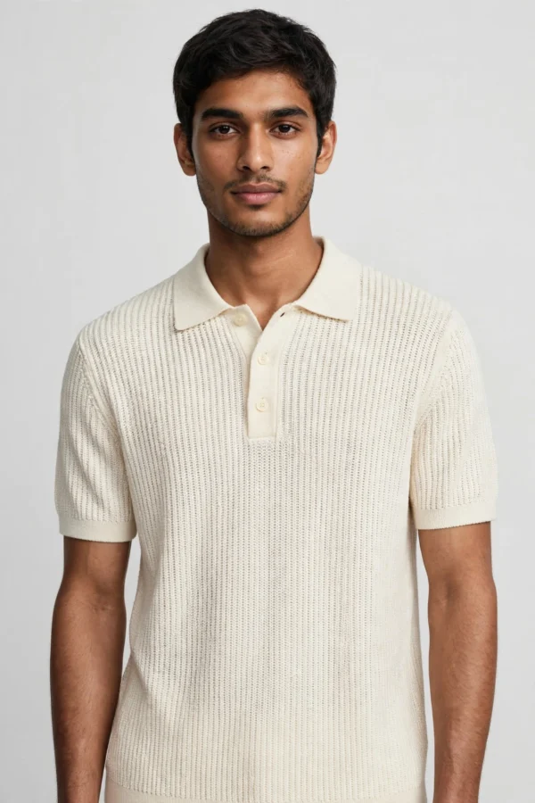 The Riviera Knitted Polo - Off White - AURA FASHION Men's Knitted Polo T-Shirt Off White Cream - Old Money Knit Polo - AURA FASHION