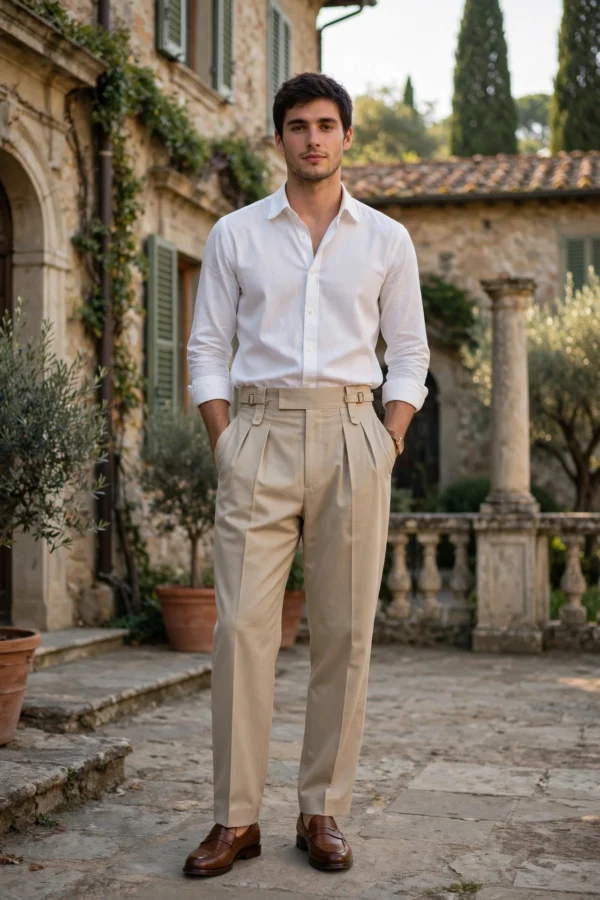 Gurkha Pleated Trousers Men Beige Styled Old Money Look gurkha pleated trousers men beige styled with white shirt old money