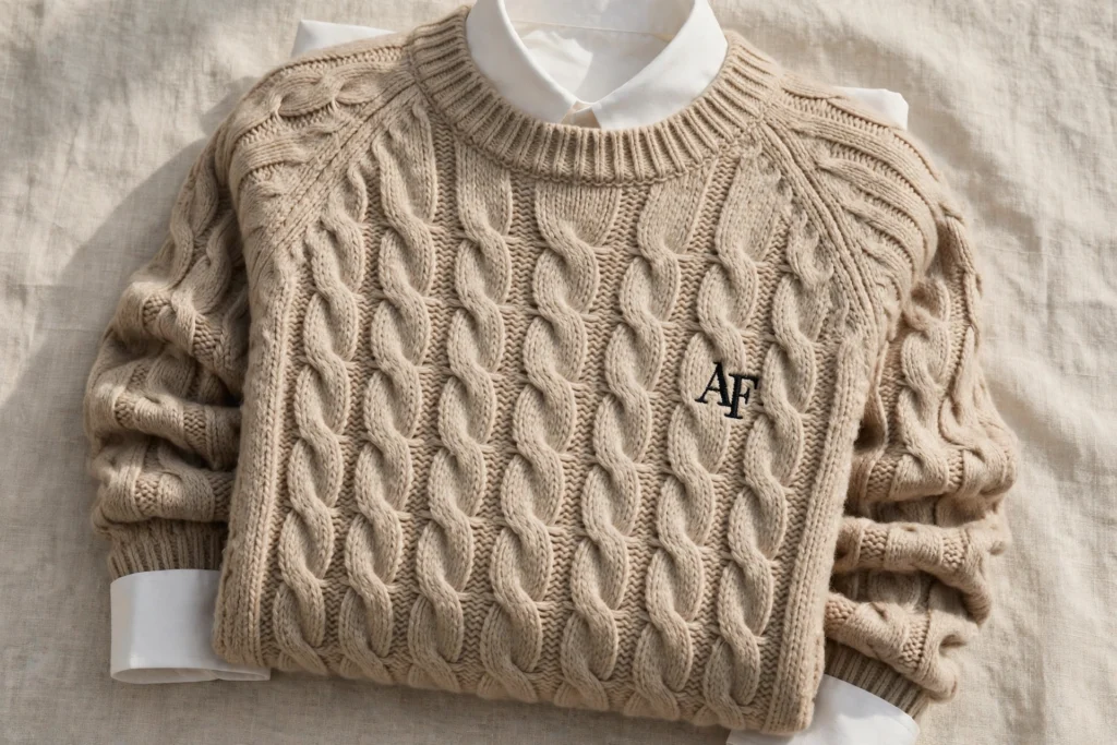 Beige cable knit sweater with small black AF monogram embroidery - AURA FASHION Old Money Collection