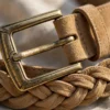 braided suede belt men tan antique brass buckle detail