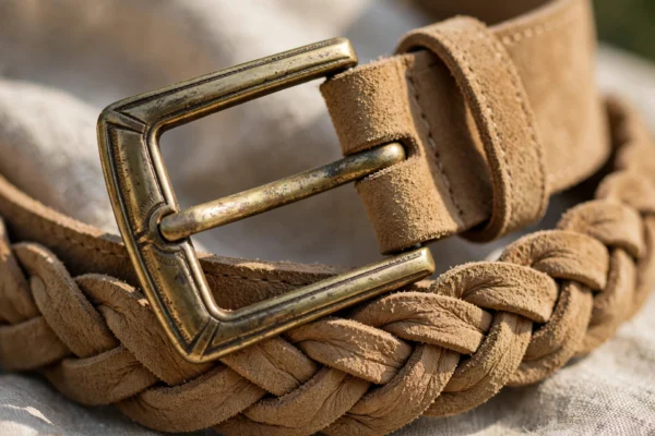 braided suede belt men tan antique brass buckle detail