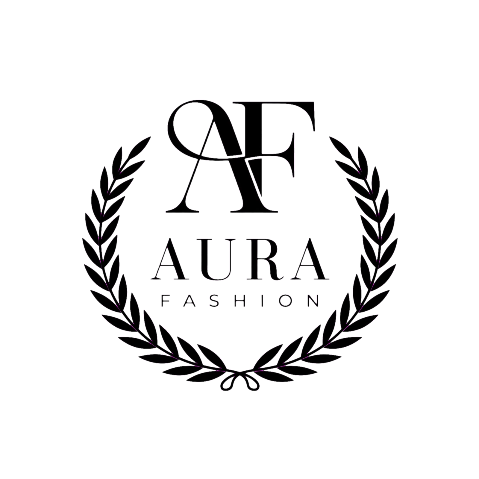 Old money luxury fashion logo with intertwined AF serif monogram inside laurel wreath for AURA FASHION brand