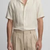 Men Wearing Beige Cuban Collar Linen Shirt with Beige Pleated Gurkha Trousers - Old Money Outfit AURA FASHION