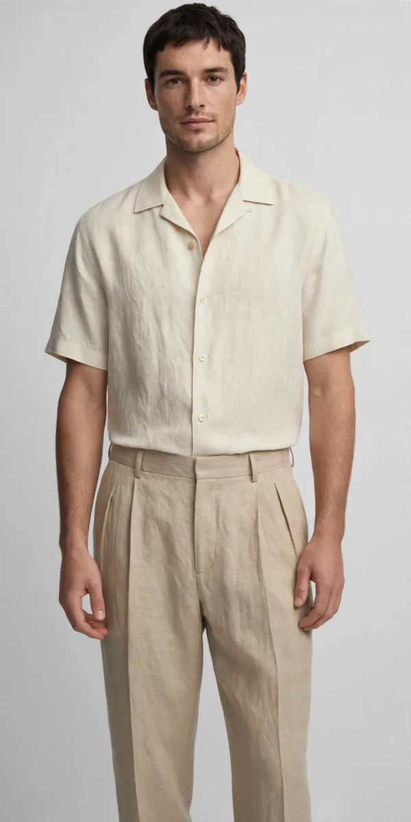 Men Wearing Beige Cuban Collar Linen Shirt with Beige Pleated Gurkha Trousers - Old Money Outfit AURA FASHION