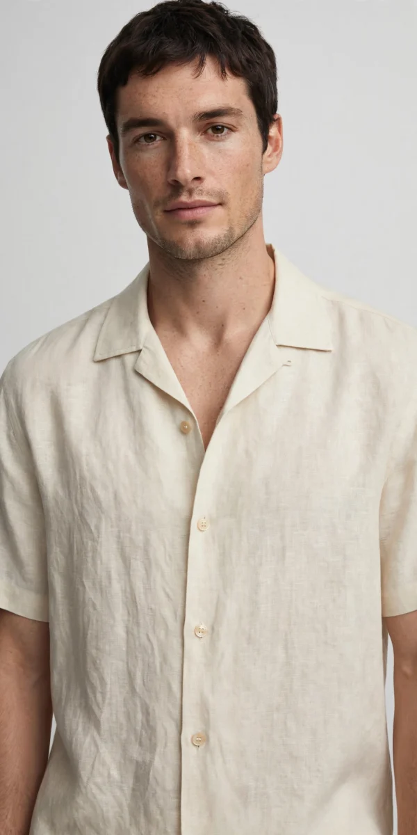 Men's Beige Cuban Collar Linen Shirt - Old Money Resort Shirt - AURA FASHION