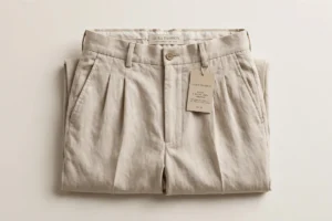 Pleated Linen Trousers Men Beige Flatlay - AURA FASHION pleated linen trousers men beige flatlay front view