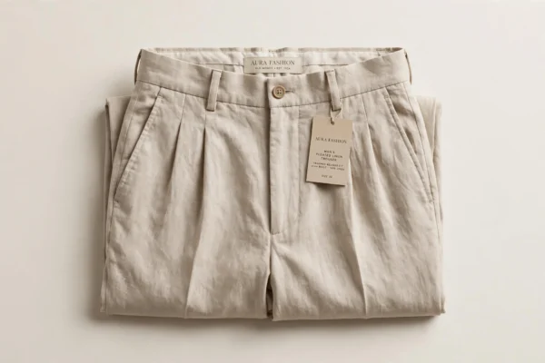 pleated linen trousers men beige flatlay front view
