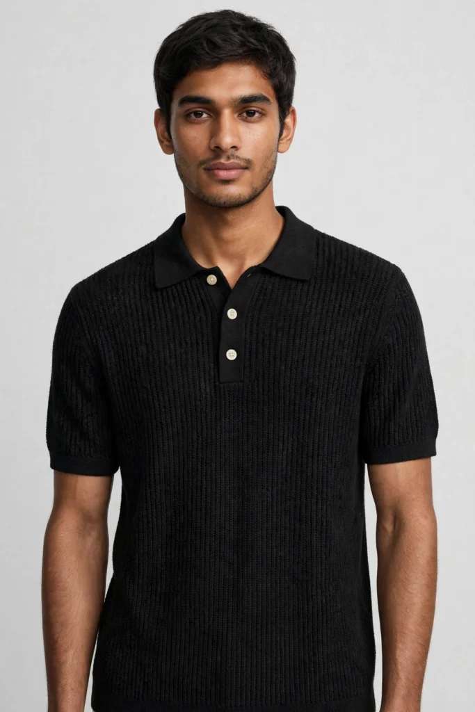 Men's Knitted Polo T-Shirt Black - Old Money Black Knit Polo - AURA FASHION