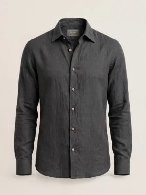 The Noire Charcoal Linen Oxford Shirt Front View - AURA FASHION charcoal linen oxford shirt men front view
