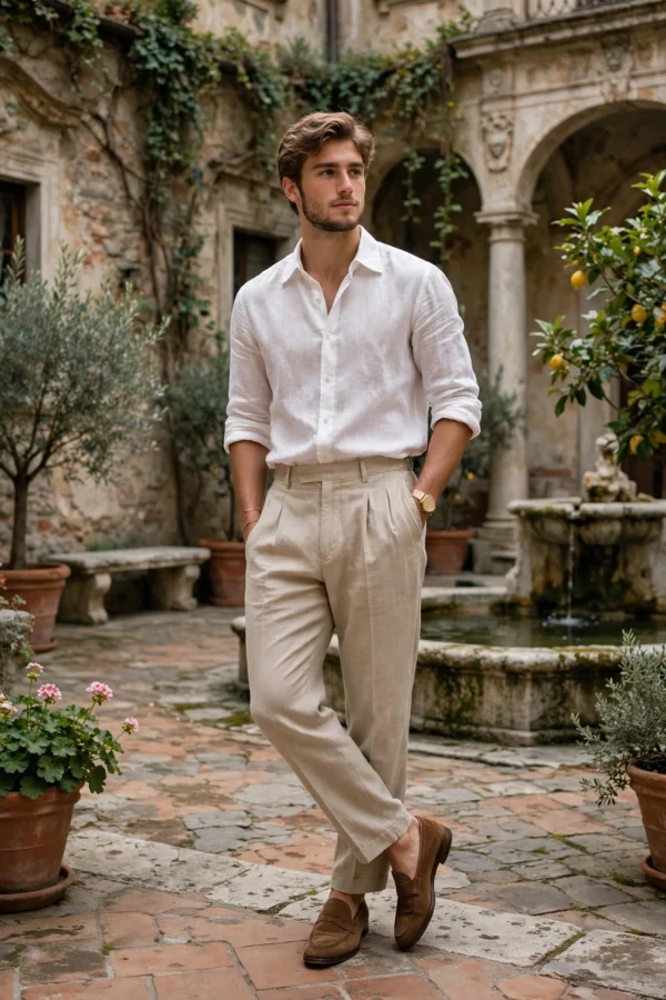 pleated linen trousers men beige styled with white shirt old money look