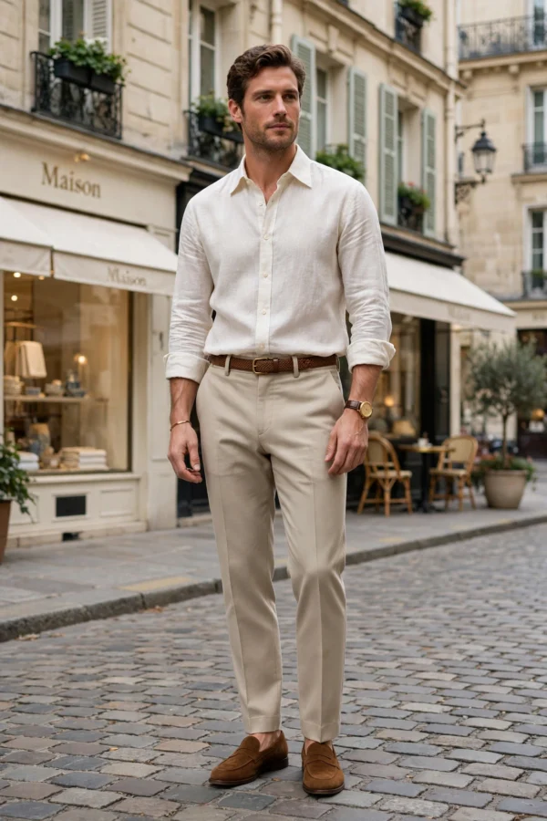 Man wearing AURA Fashion Mayfair Oxford Shirt with beige tailored trousers - old money quiet luxury outfit