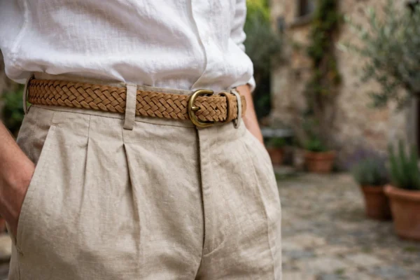 braided suede belt men tan styled with beige linen trousers