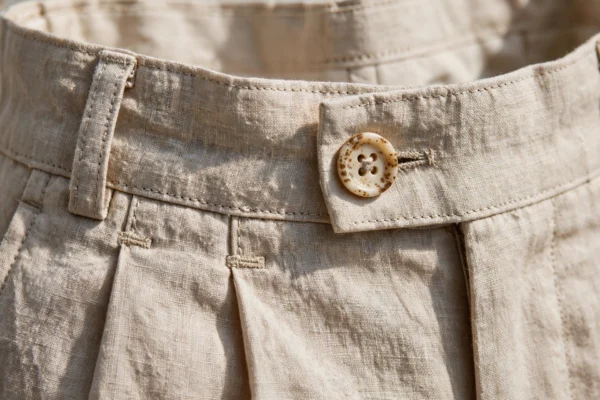 pleated linen trousers men beige corozo button waistband detail