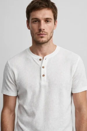 Men's white waffle knit Henley t-shirt with 3 wooden buttons - realistic Zara style product photo - AURA FASHION