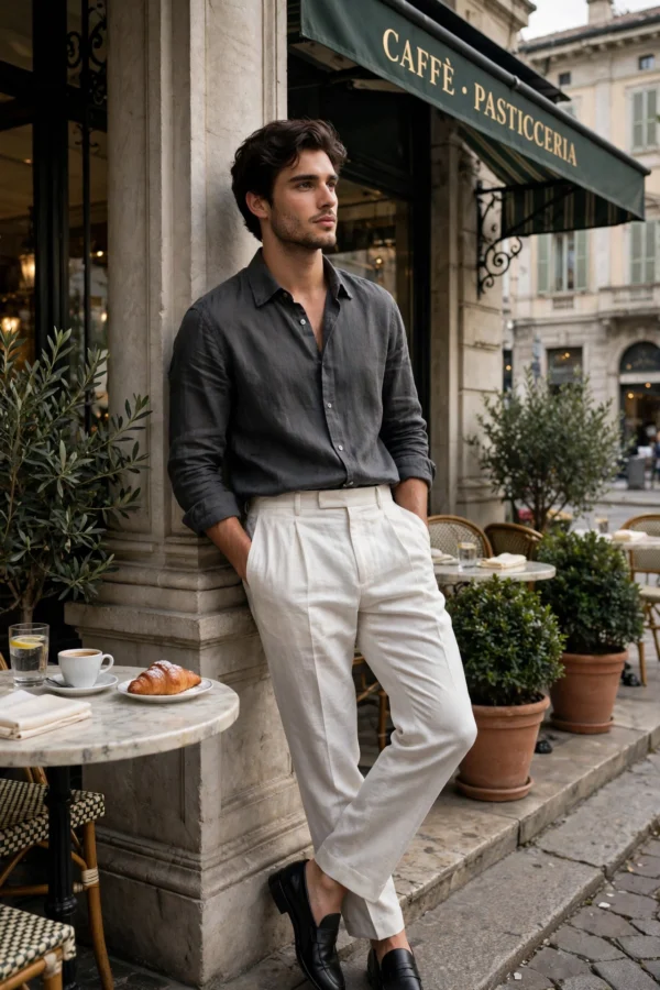 charcoal linen oxford shirt men styled old money look